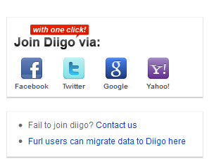 Acceder a Diigo vía facebook, Twitter, Google, Yahoo